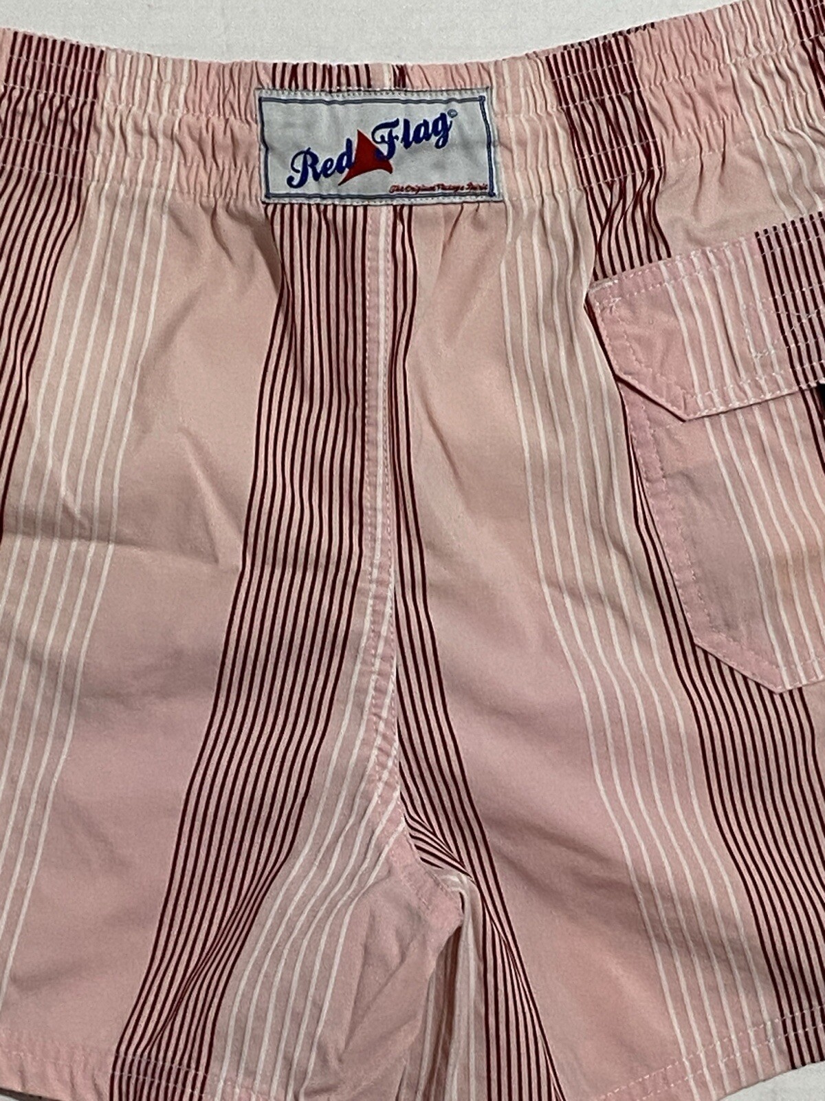 Red Flag Swim Trunks Size Large Pink Vertical Striped Elastic Waist Drawstring