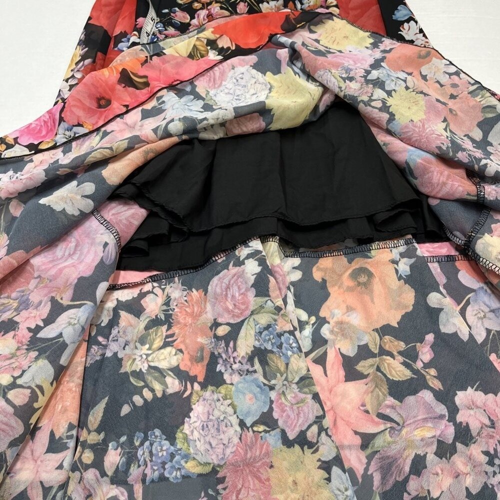 Dalia MacPhee Dress Black Chiffon Bright Floral Tiered Maxi Size S Flowy Event