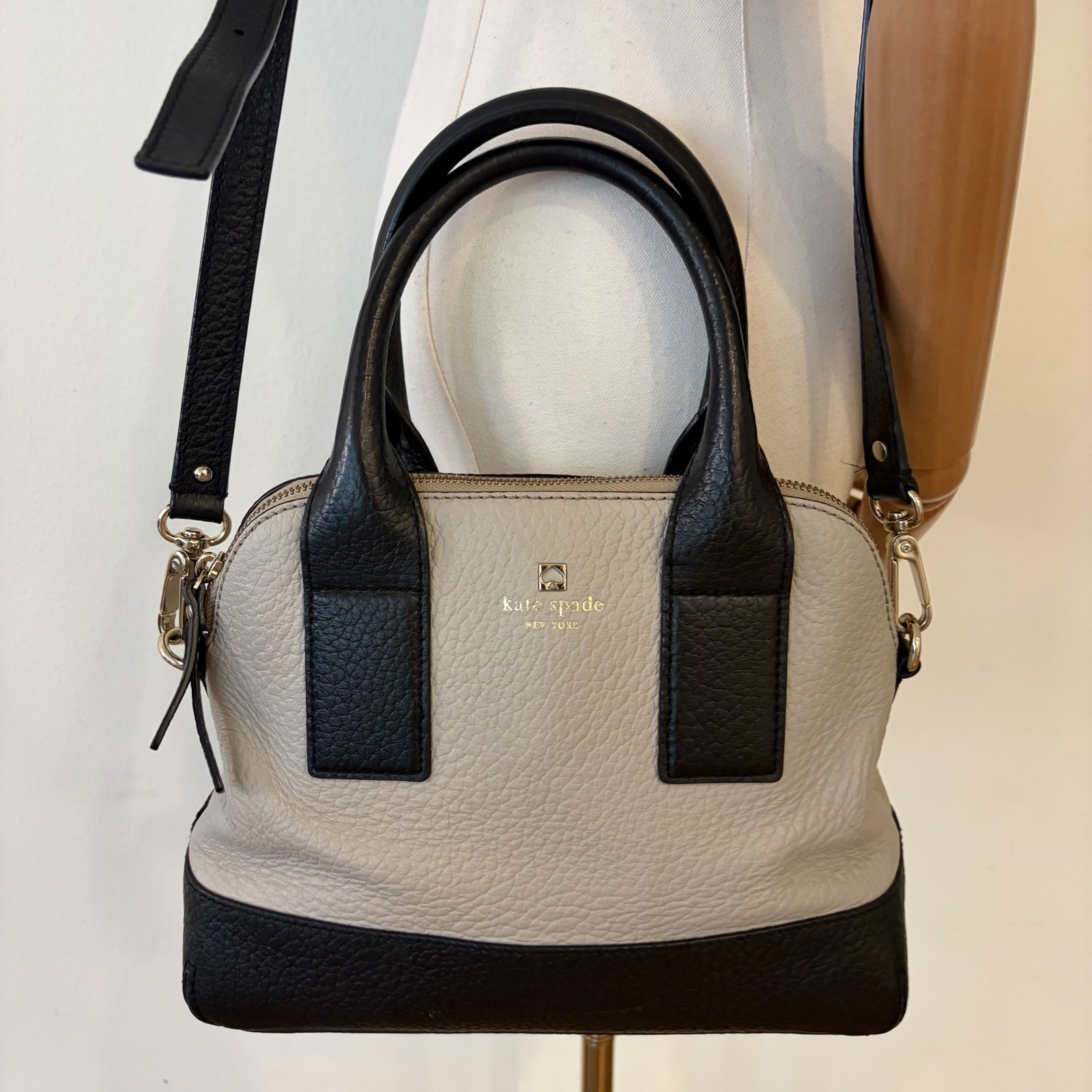 ⁠Kate Spade Leather Satchel Crossbody Bag Two Tone Black Taupe Purse Handbag