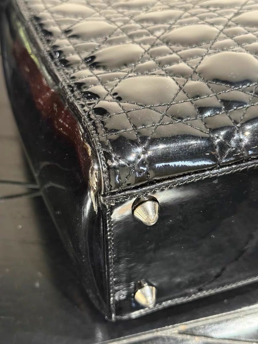 Authentic Christian Dior Black Patent Leather Lady Dior Bag