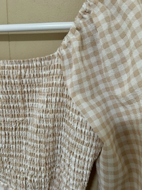 Indigo Rose Gingham Maxi Dress M Beige Smocked Cottagecore Prairie Milkmaid