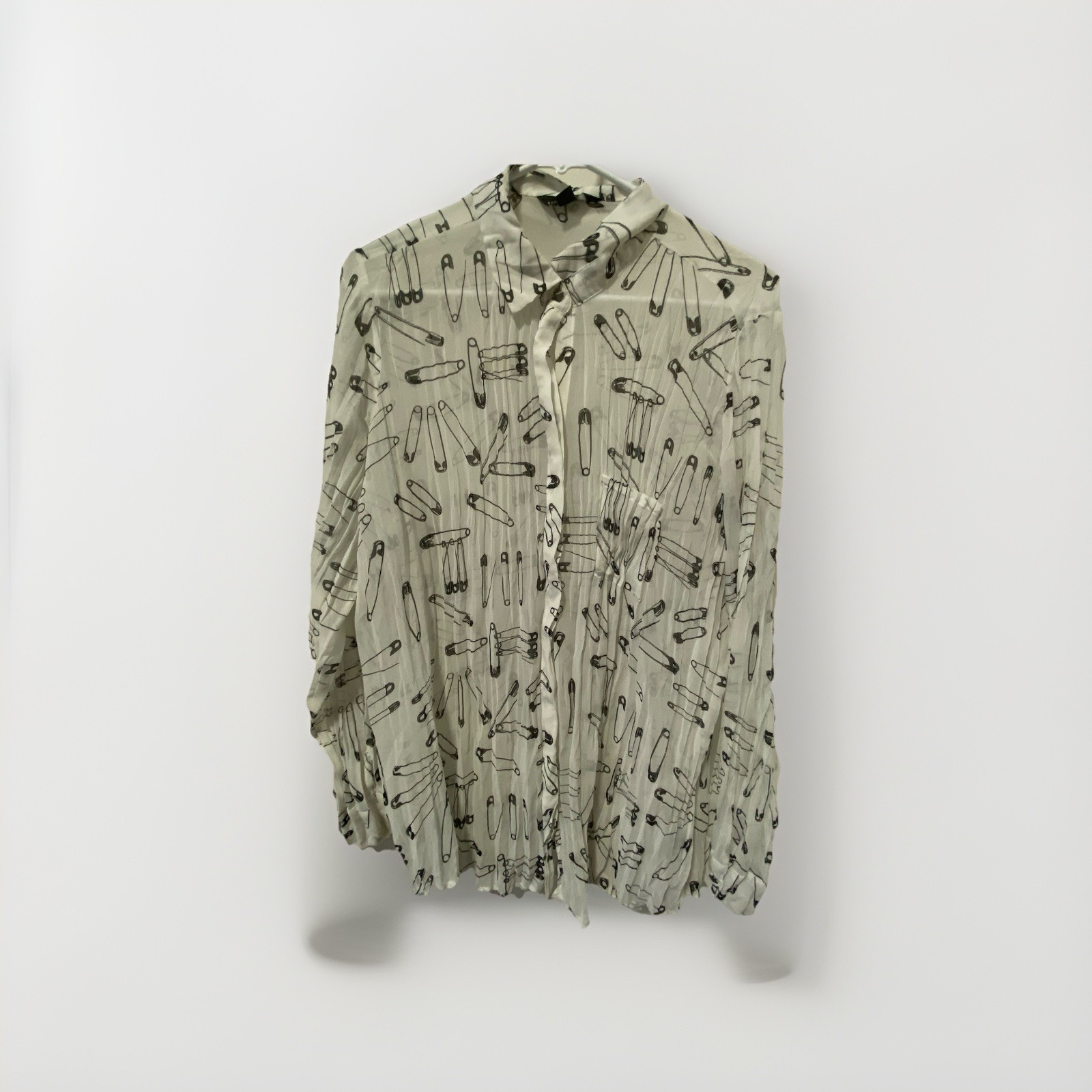 Punk Avant-Garde Women’s White Button Up w Allover Safety Pin Print Size S