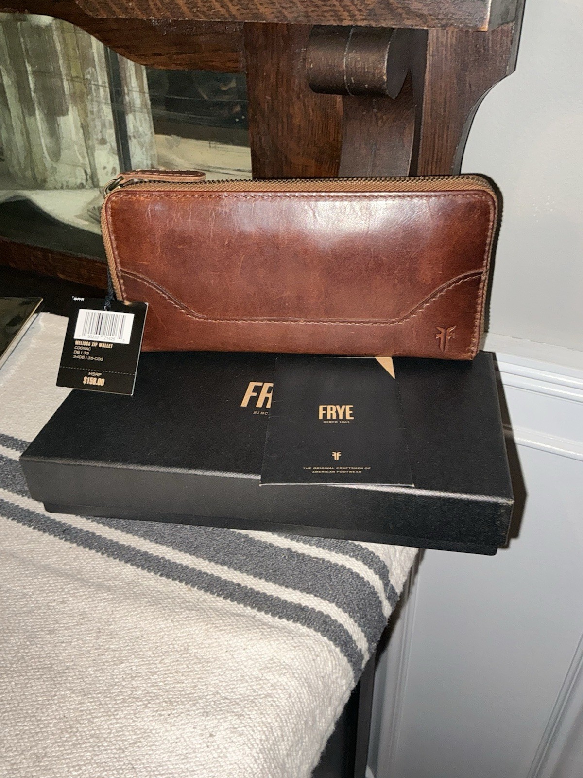 NWT Frye Leather Melissa Zip Around Wallet Cognac Brown With Box Retail $158