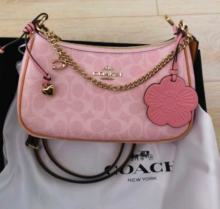 Coach Pink Signature Logo Shoulder Bag Zip Chain Strap Detachable Flower Charm