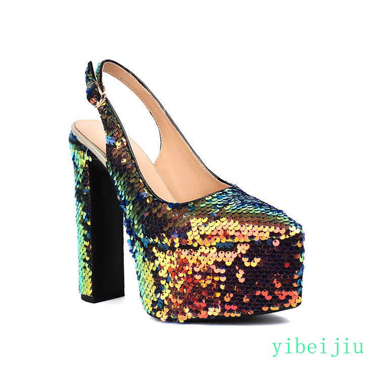 Women’s Detachable Chain High Heel Slingbacks Glitter Sequins Shoes Performance