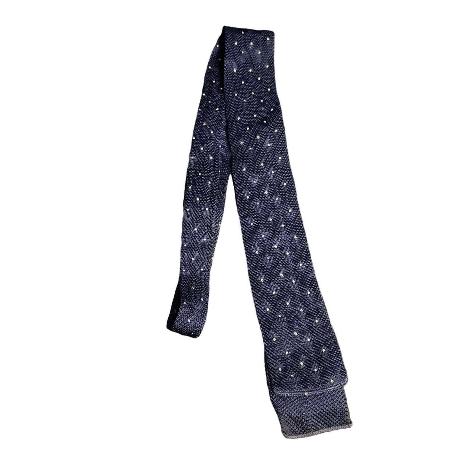 #6878 Handmade Knit Navy Blue Tiny White Hearts Mens Necktie, Tie 2.25 in wide