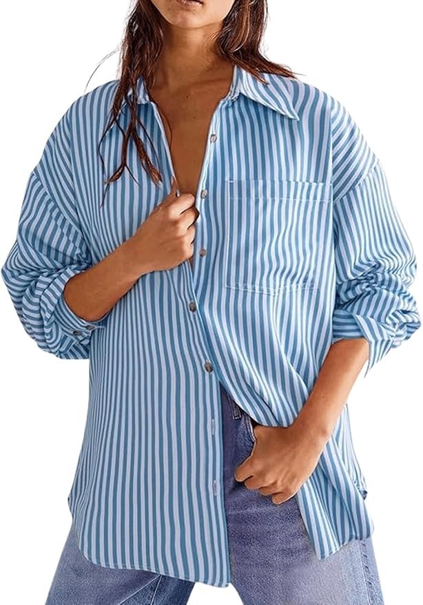 Women’s Dressy Striped Button Up Shirts Collared Long Sleeve Blouse Casual