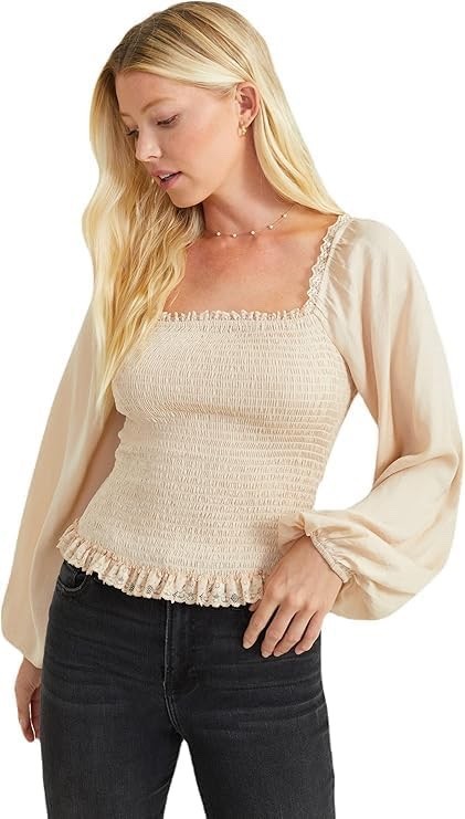Altar’d State Women’s Satin Smocked Ruffle Lace Top Cream Blouson Blouse