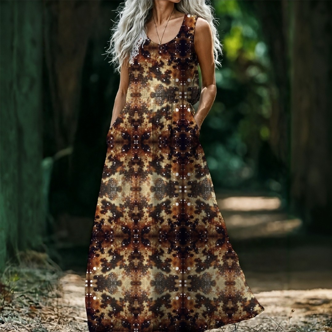 Brown Beige Black Geometric Scoop Neck Sleeveless Maxi Dress Pockets L