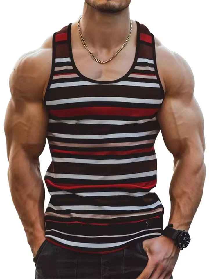 Retro Striped 3D Graphic Tank Top for Men – Sleeveless Quick-Dry Summer Vest