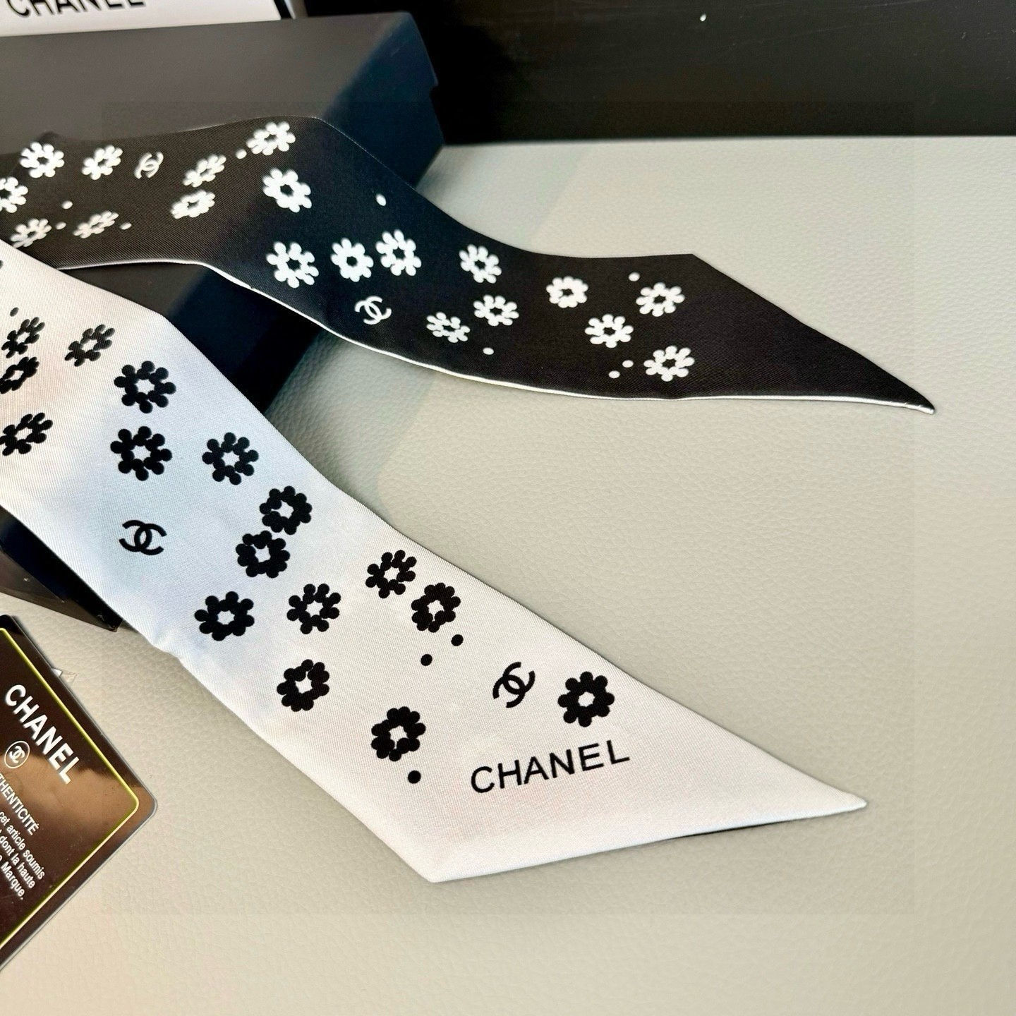 CHANEL Silk Bow Ribbon Hair Accessory, Black/White Floral Flower Print, Logo