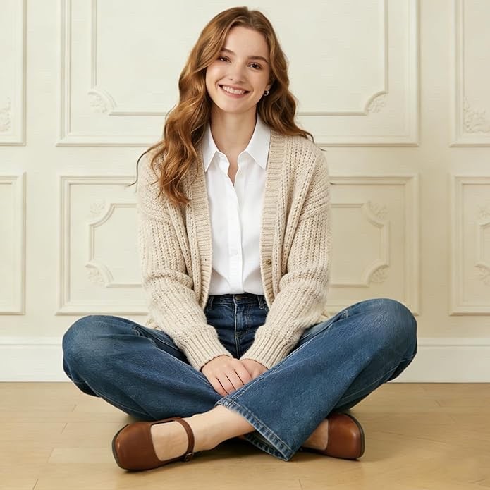 Mary Jane Flats Square Toe -Soft PU Brown Leather Ballet Shoes Slip On US 7