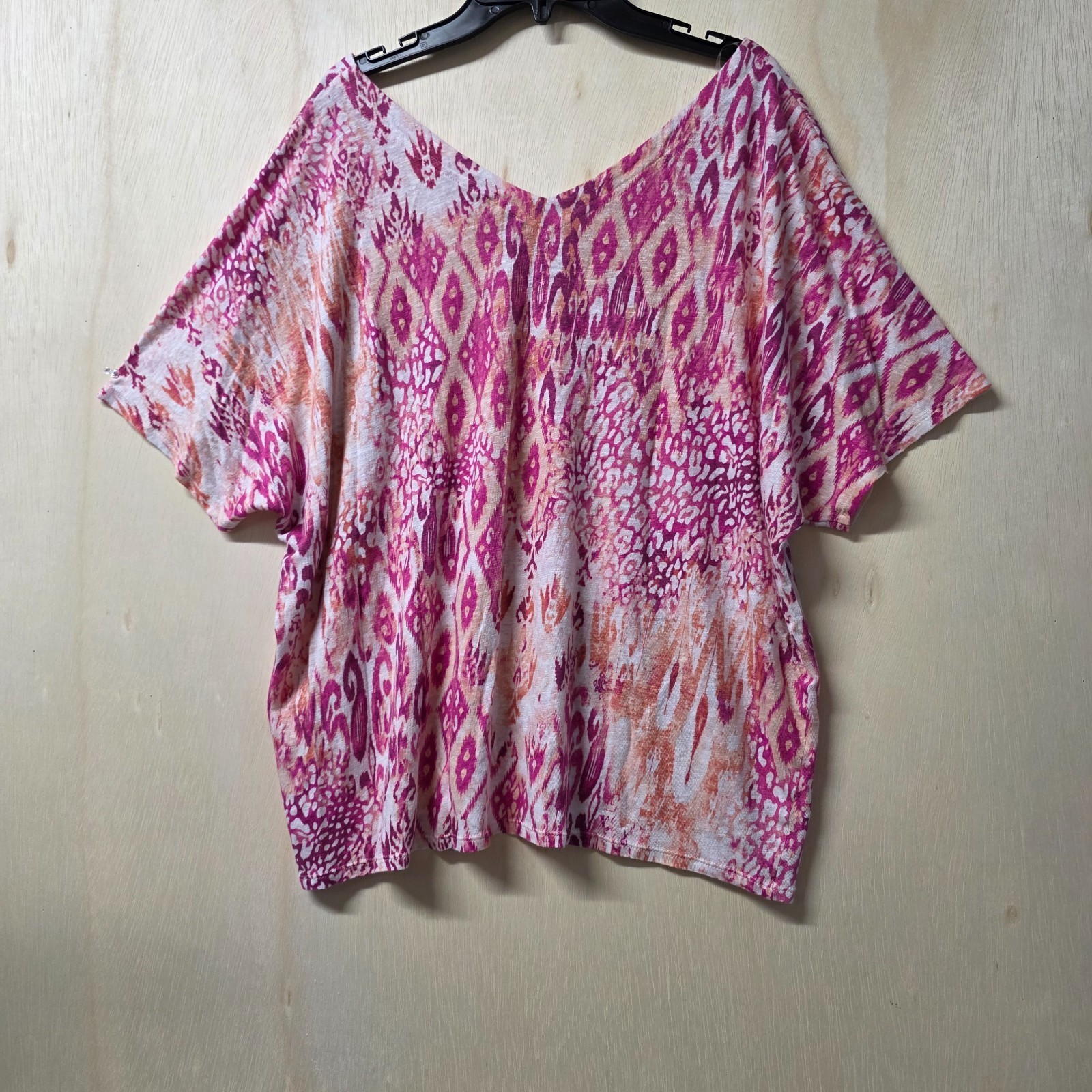 Chicos 4 XXL 100% Linen Ikat Print Dolman Top Pink Peach V Neck Boho
