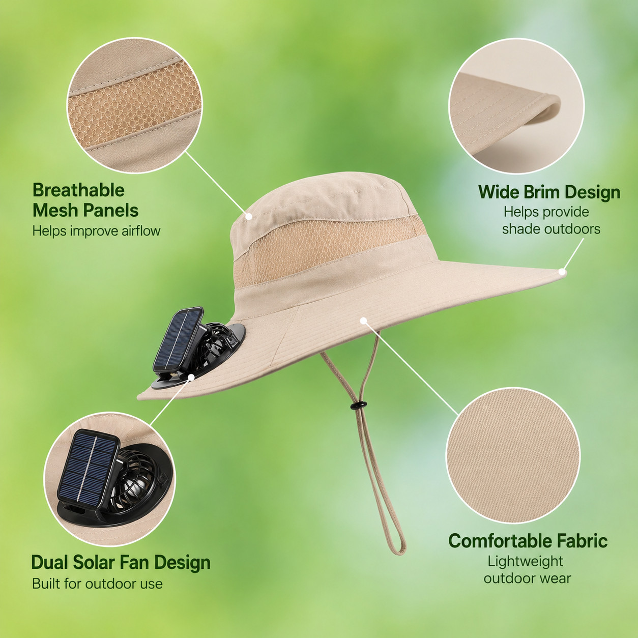 Khaki Solar Fan Hat Wide Brim Cooling Sun Hat Dual Fans Outdoor Fishing Camping