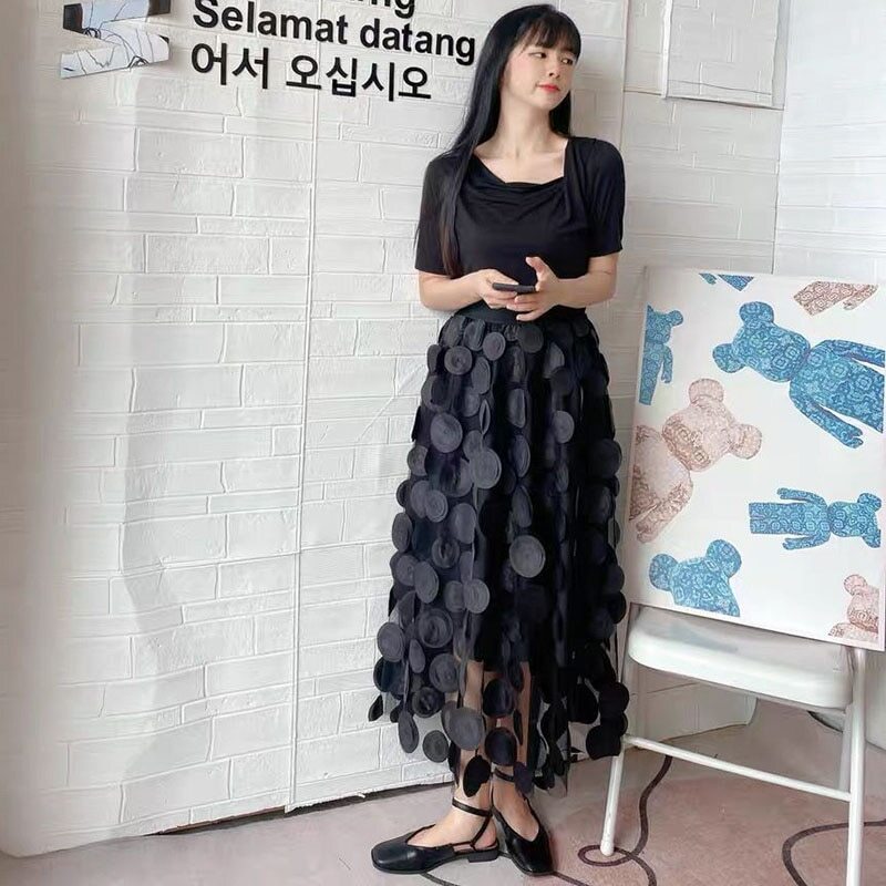 Mesh Long Skirts Fashion Elastic High Waist Tulle Skirt Casual A-Line Skirt
