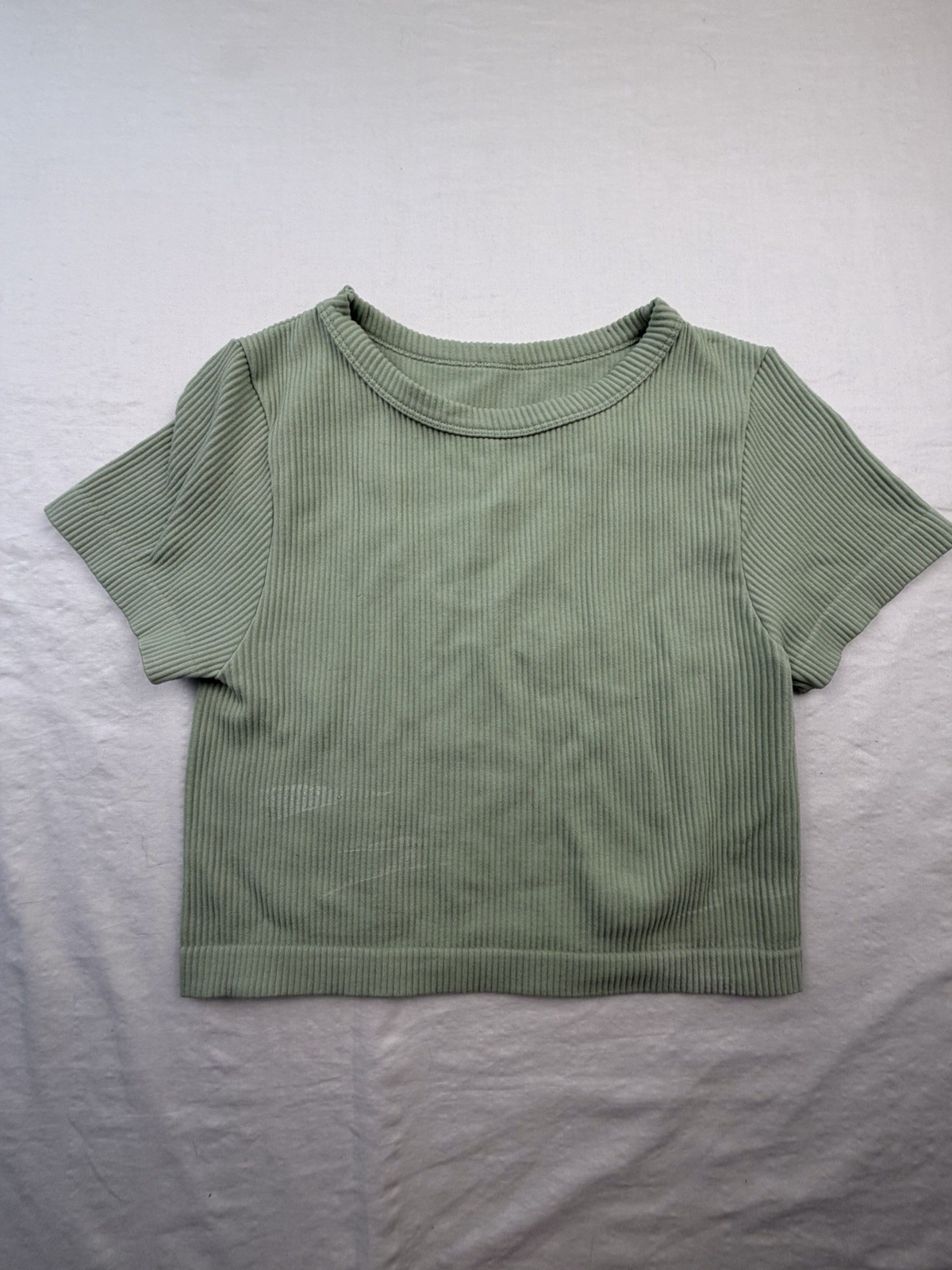 Unbranded Sage Green Ribbed Round Neck Crop Top Shirt Size Unknown