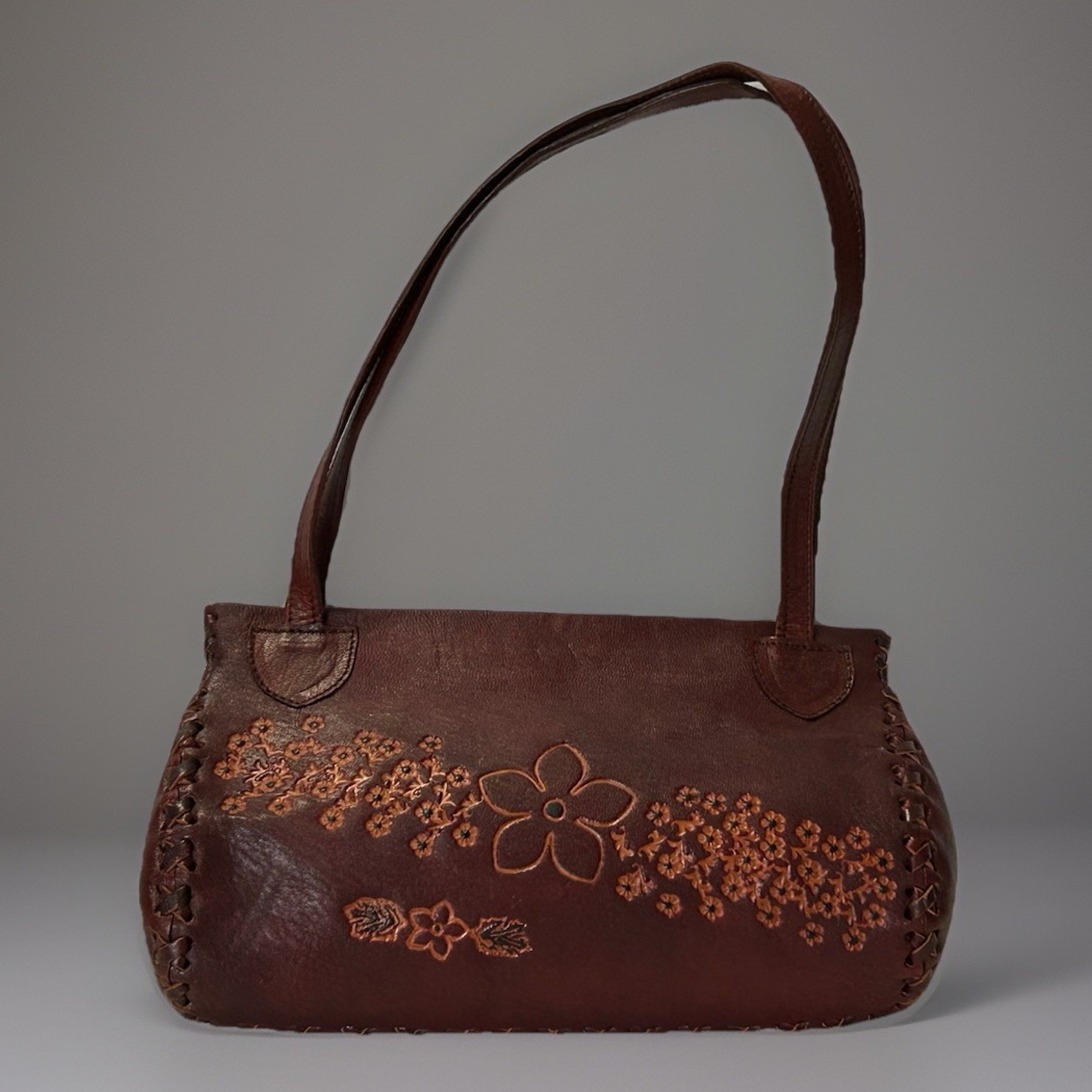 Vintage Tooled Stamped Leather Brown Hippie Purse Boho 10” X 7” X 3”