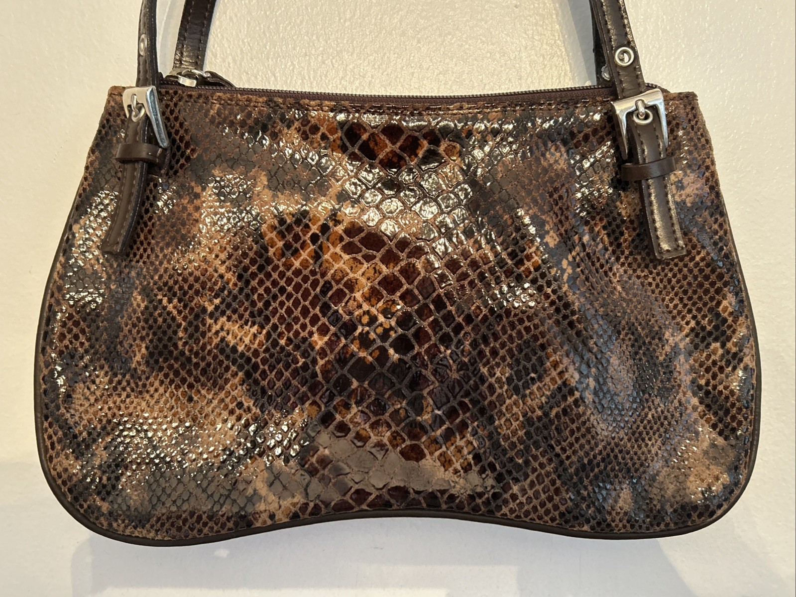 Vera Pelle Italy Brown Snakeskin Purse Leather DoubleHandle Shoulder Bag 10.25”W