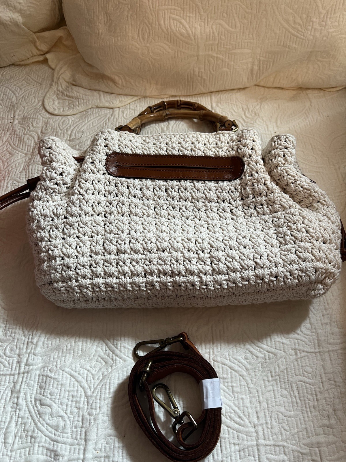 Patricia Nash Beige Floral Applique Satchel Bamboo Handle Crossbody Strap Medium