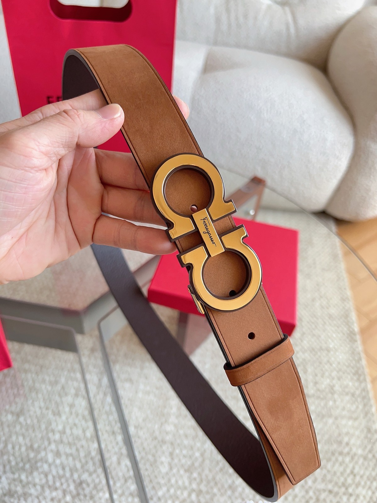 NWT Authentic Ferragamo Belt Gold Buckle width 3.5cm/1.37inch Brown Belt