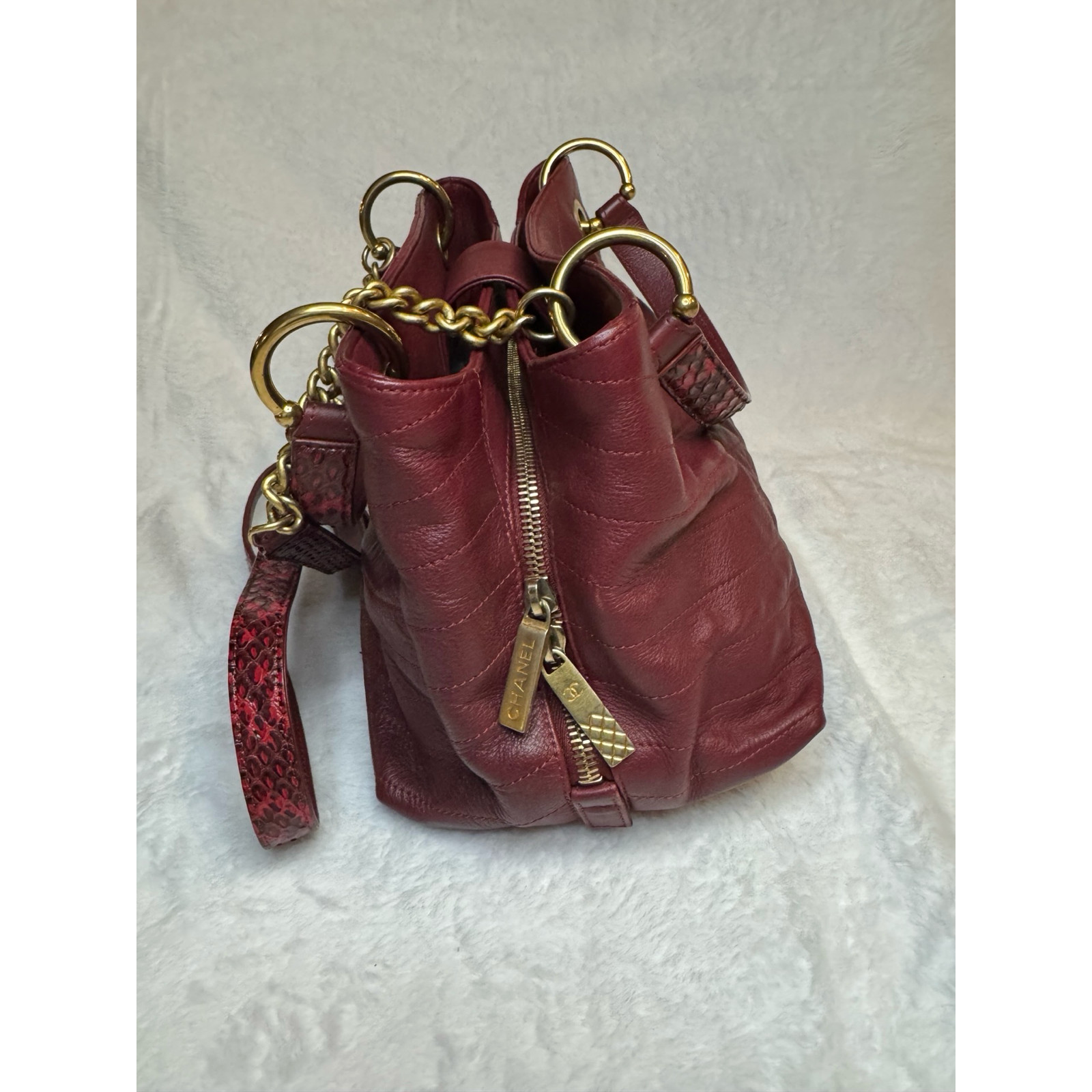 Chanel Chevron Chic Shopping Tote Burgundy Lambskin Elaphe Snakeskin Strap Gold