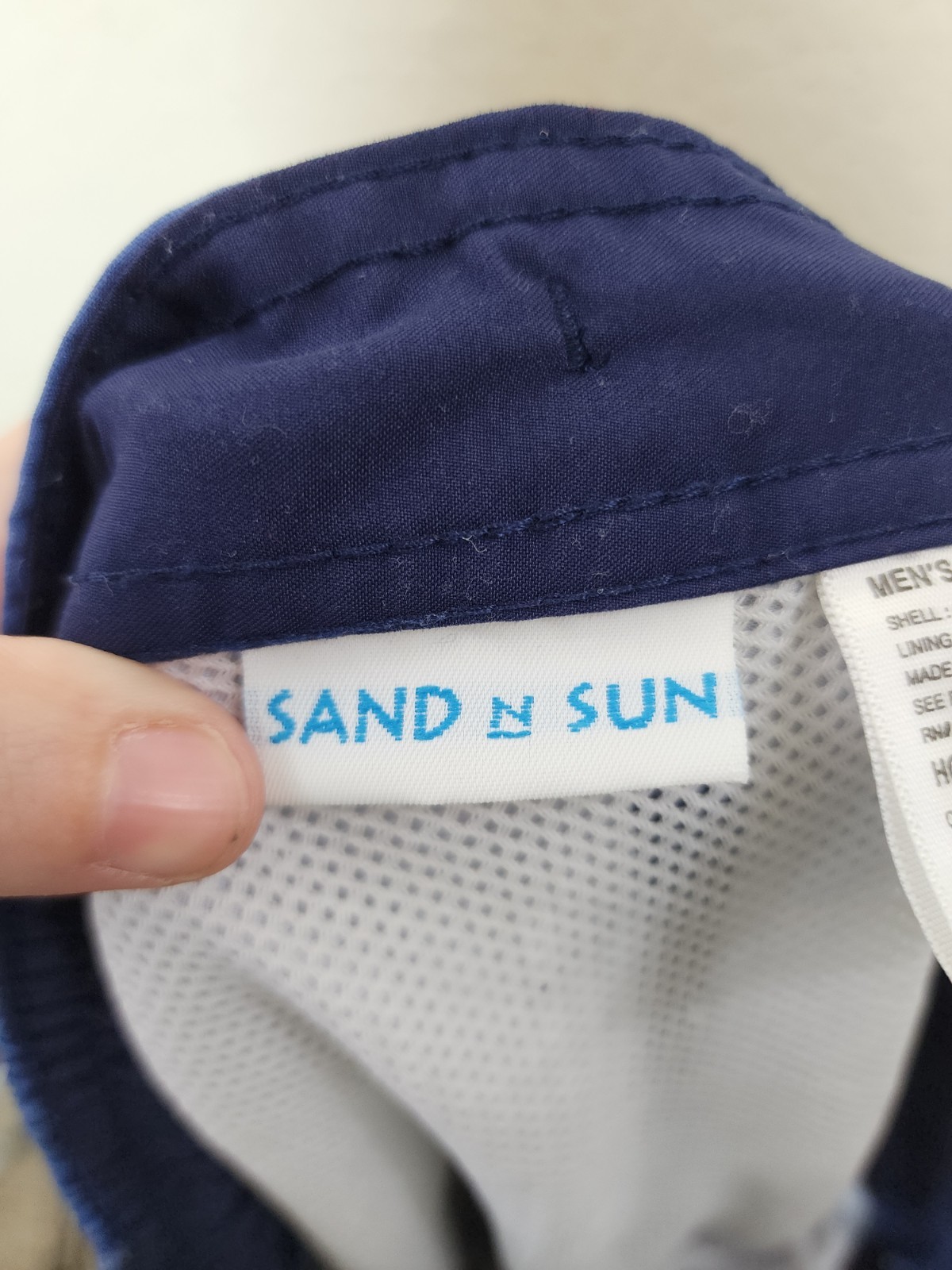 SAND N SUN Men Swim Trunks L 36-38 Navy Blue Vintage Surfer Graphic Mesh Lined