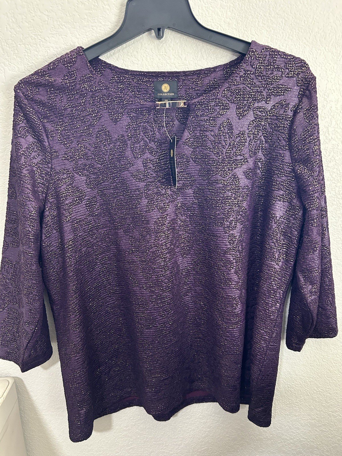 JM Collection Women’s Purple Gold Floral Metallic Jacquard 3/4 Scoop Blouse XXL