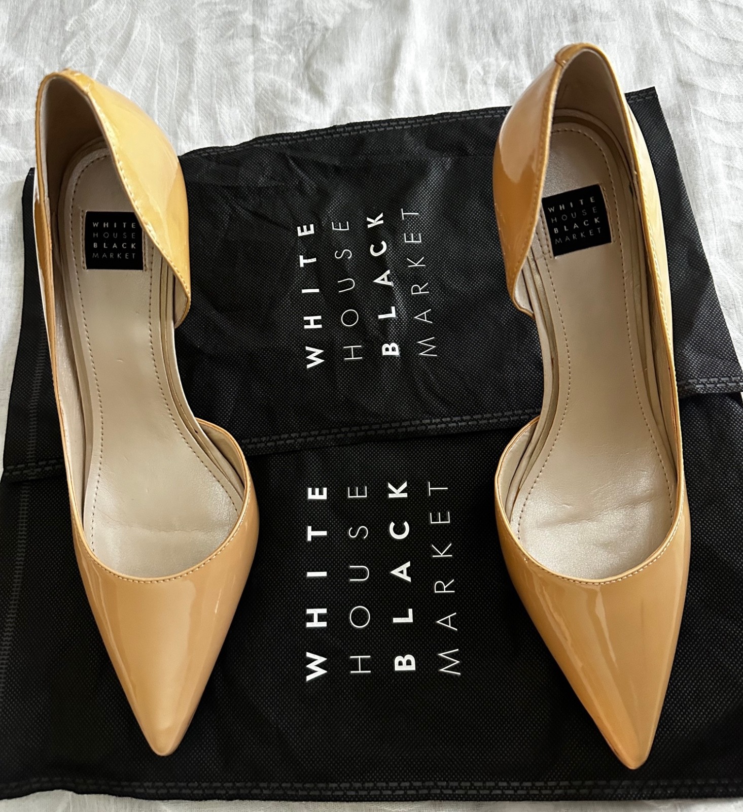 White House Black Market Beige Patent Leather Stiletto Pointed Toe Pumps