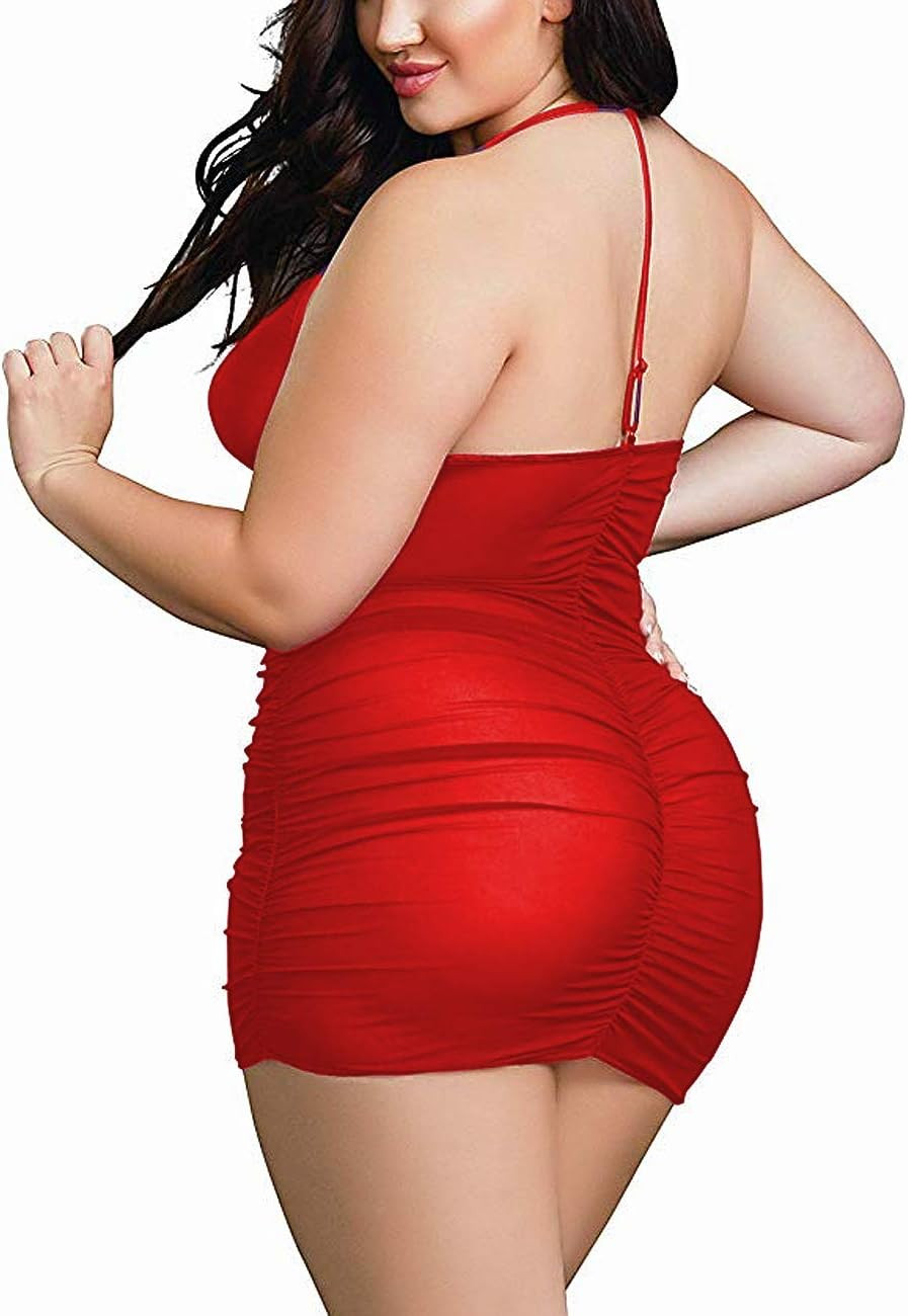 Plus Size Sheer Stretch Mesh Babydoll Dress Zipper Shirring Halter Chemise Curvy