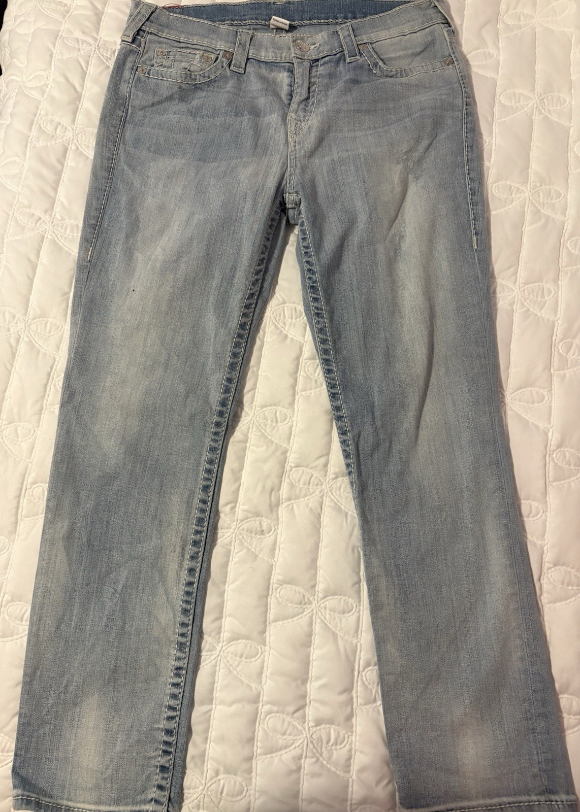 True Religion Women’s Light Wash Blue Denim Bootcut Jeans Slim Fit Low Rise