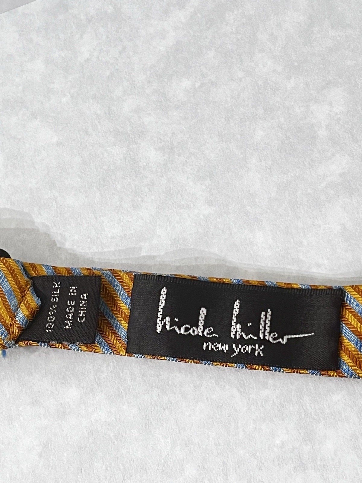 Nicole Miller Bow Tie Tan Gray Striped 2.25″ Wide Self Tie Silk