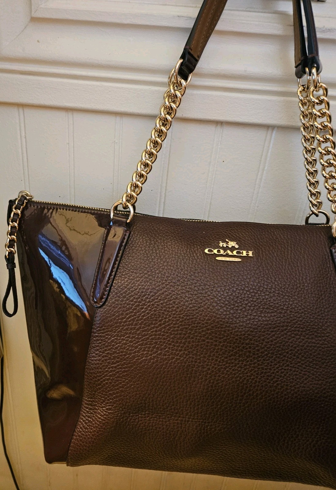 Coach Ava Burgundy Leather & Patent Leather Tote Gold Chain Velvet Interior New