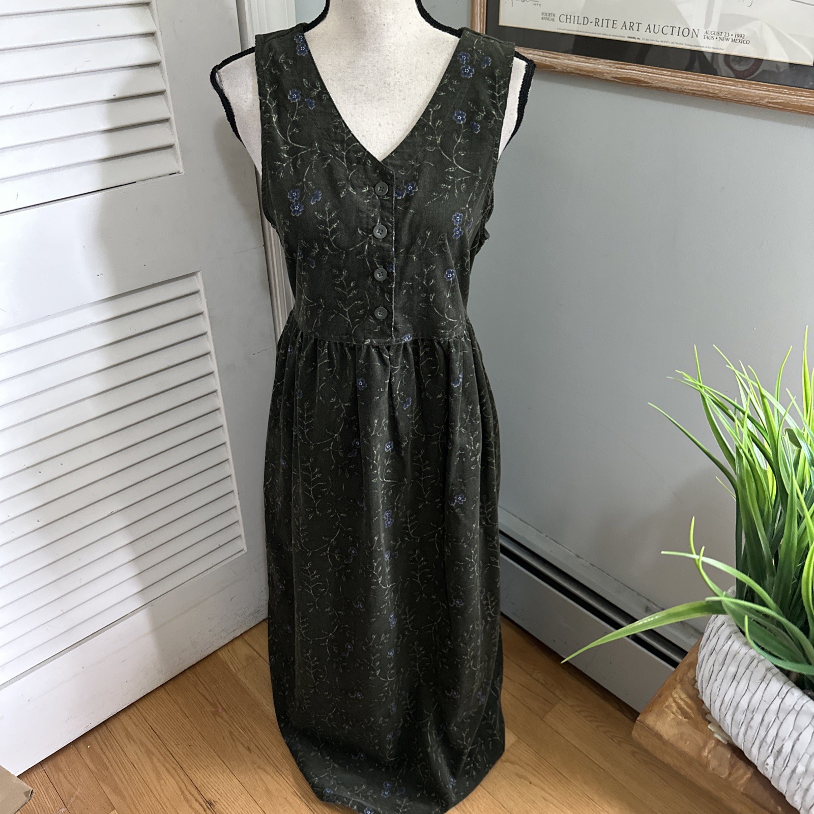 Vintage Bobbie Brooks Overall Dress Medium Green Floral Corduroy 90s Boho Chic