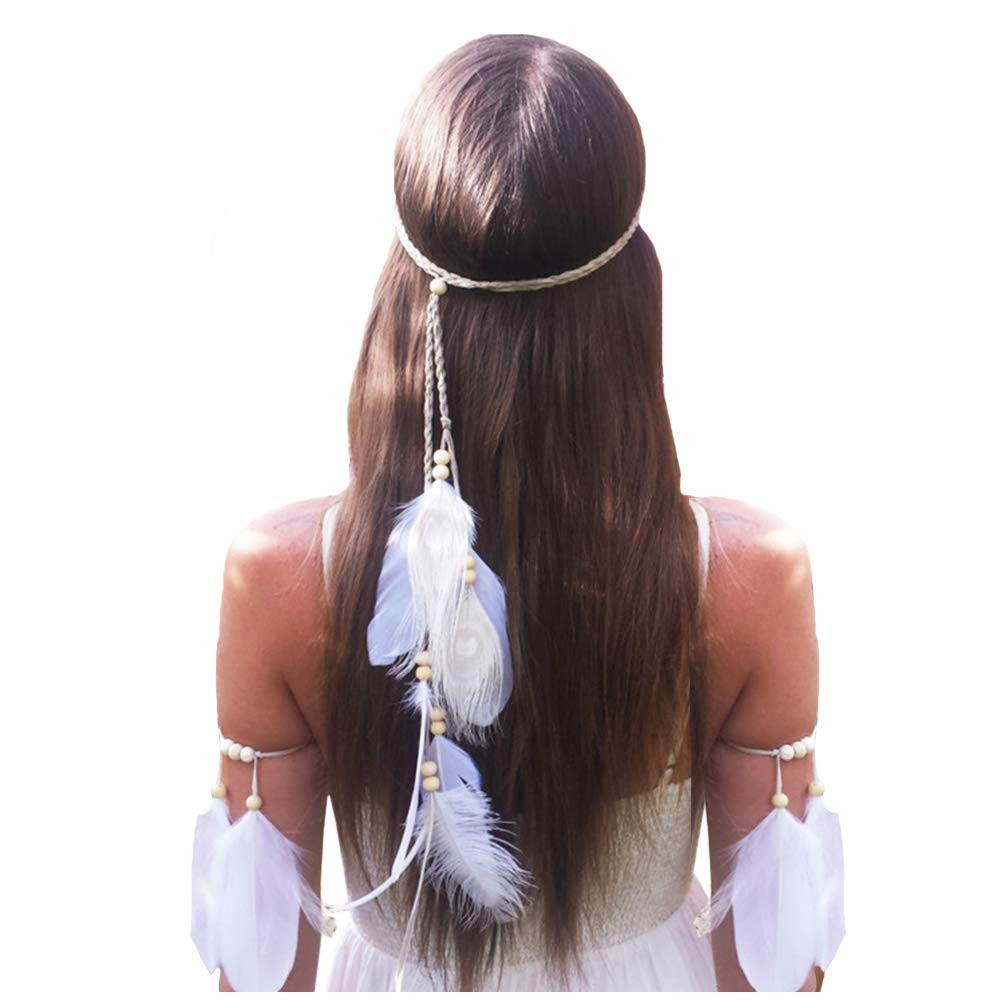 Halloween Boho Feather Headband Hippie Indian Hair Hoops Bands White Tassel Bohe