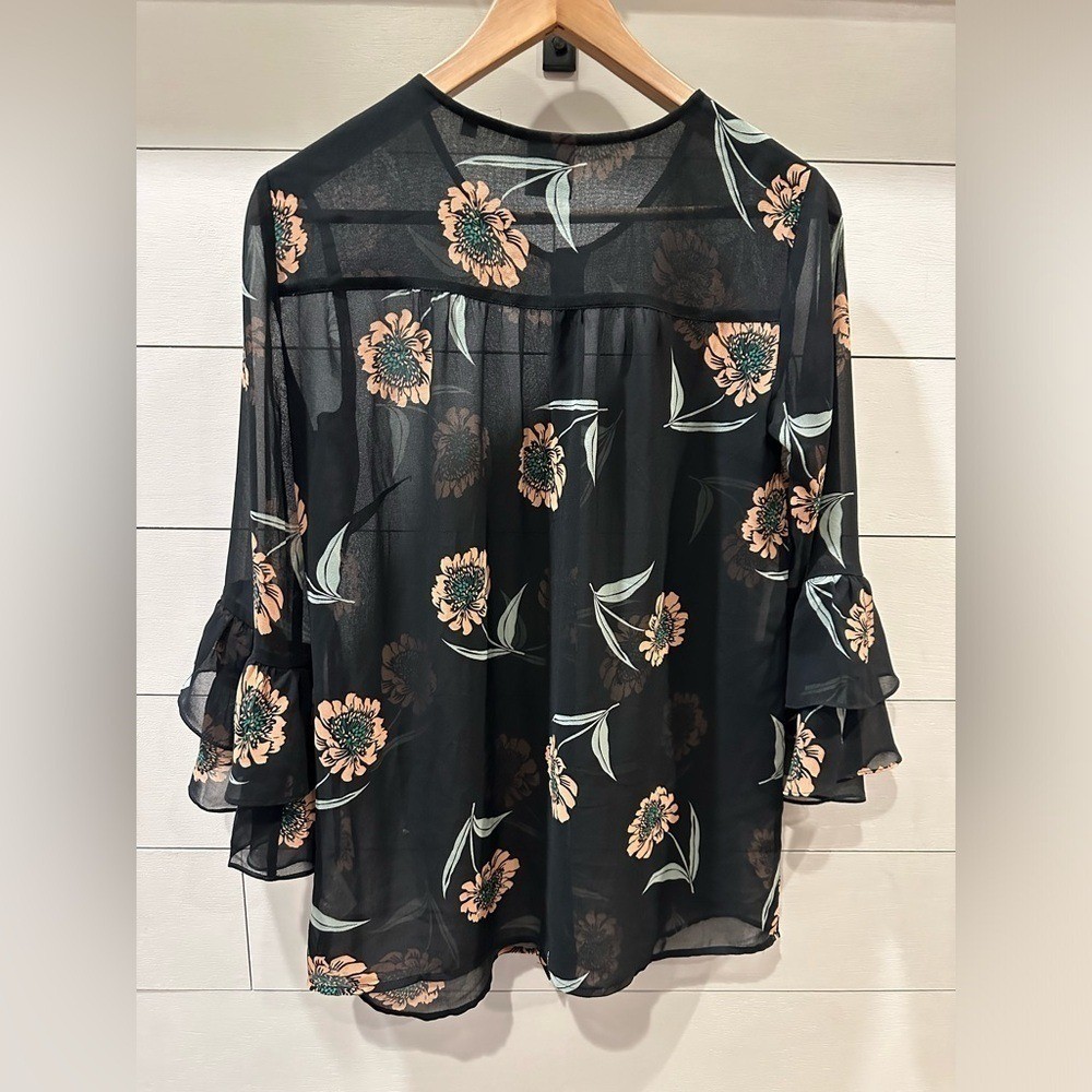 CAbi Chic Black Floral Sheer Blouse- size XS