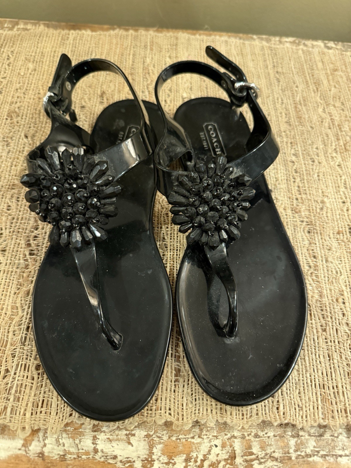 Coach Hilda jelly sandals Black floral beaded accent Great condition! Size 7