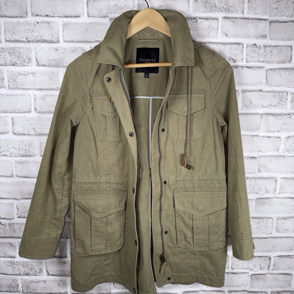 Talbots Military Field Utility Jacket Size P Petite Green Olive Drawcord Waist