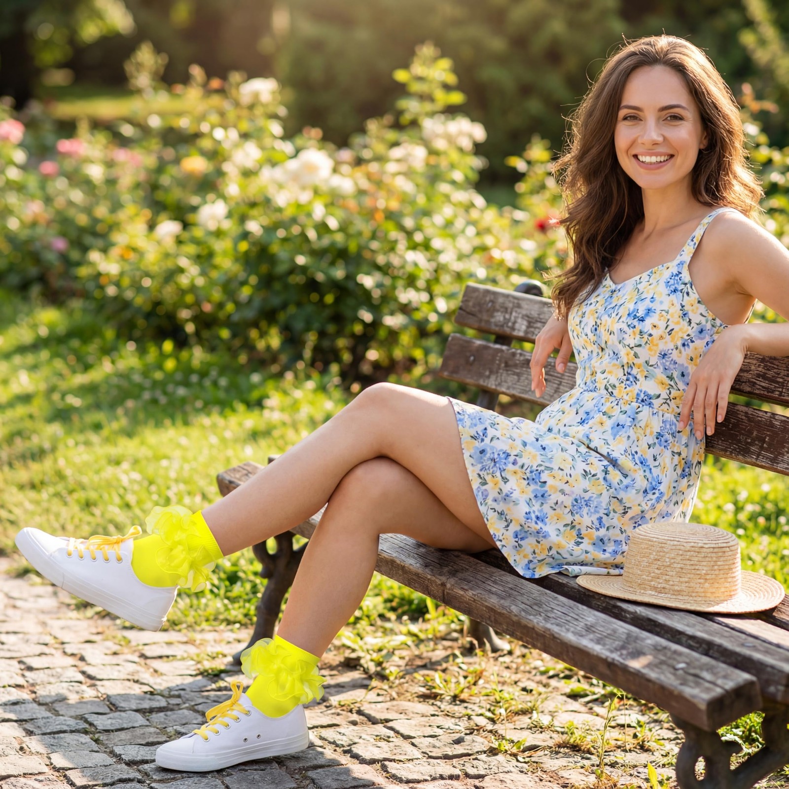 Socks for Women Big Ruffle Socks with Turn Cuff and Double Lace 9-11 Yellow