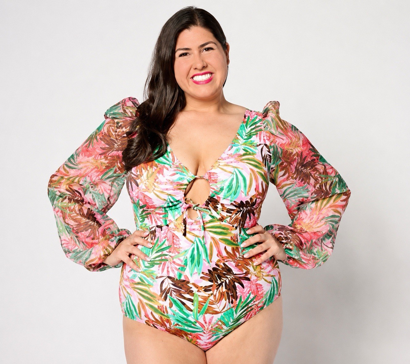 Kim Gravel x Swimsuits For All Size 22W Chiffon Sleeve One-Piece Daquiri Palm