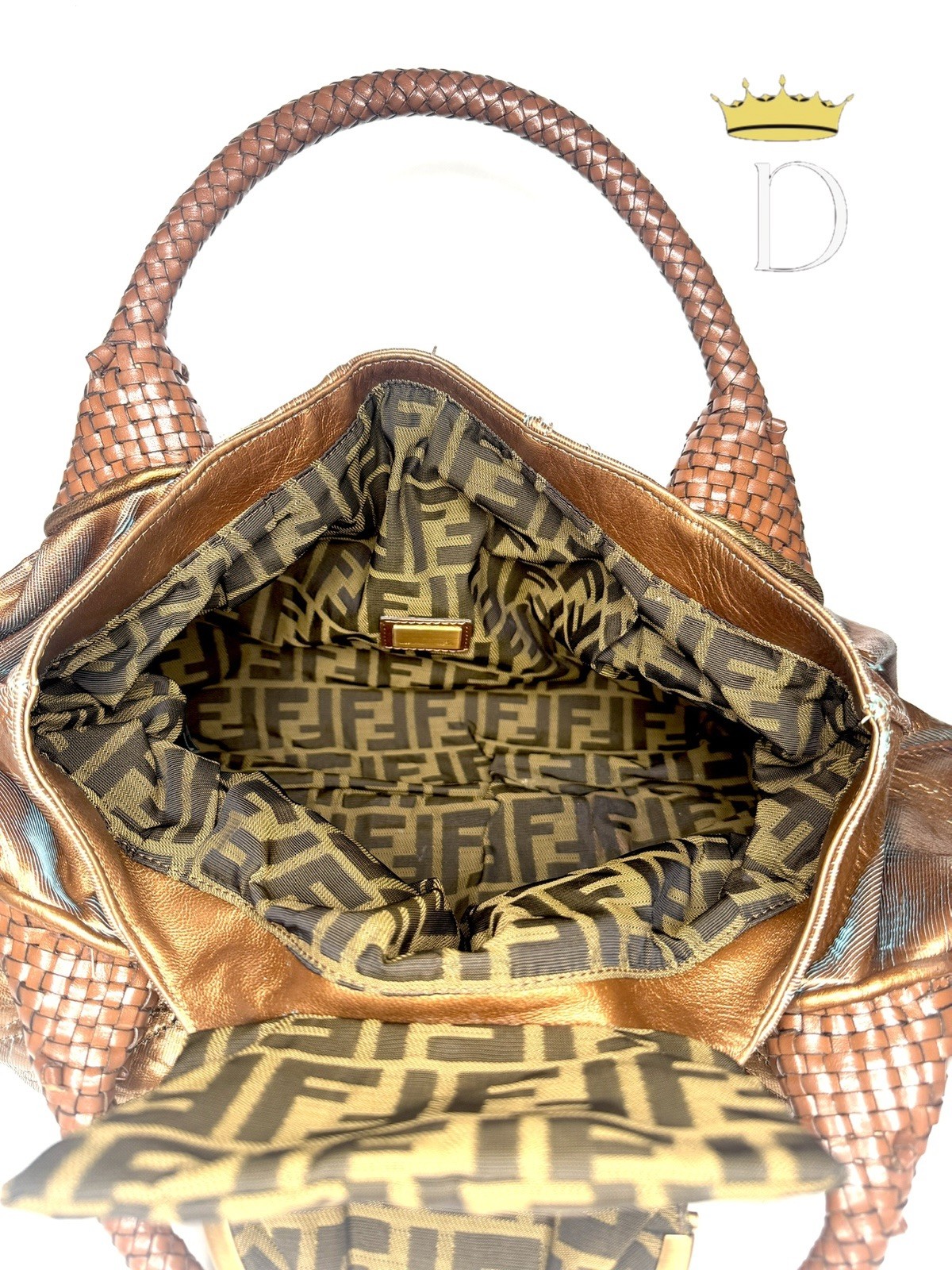Fendi Metallic Bronze Leather Spy Bag – Braided Handles, & FF Logo Interior