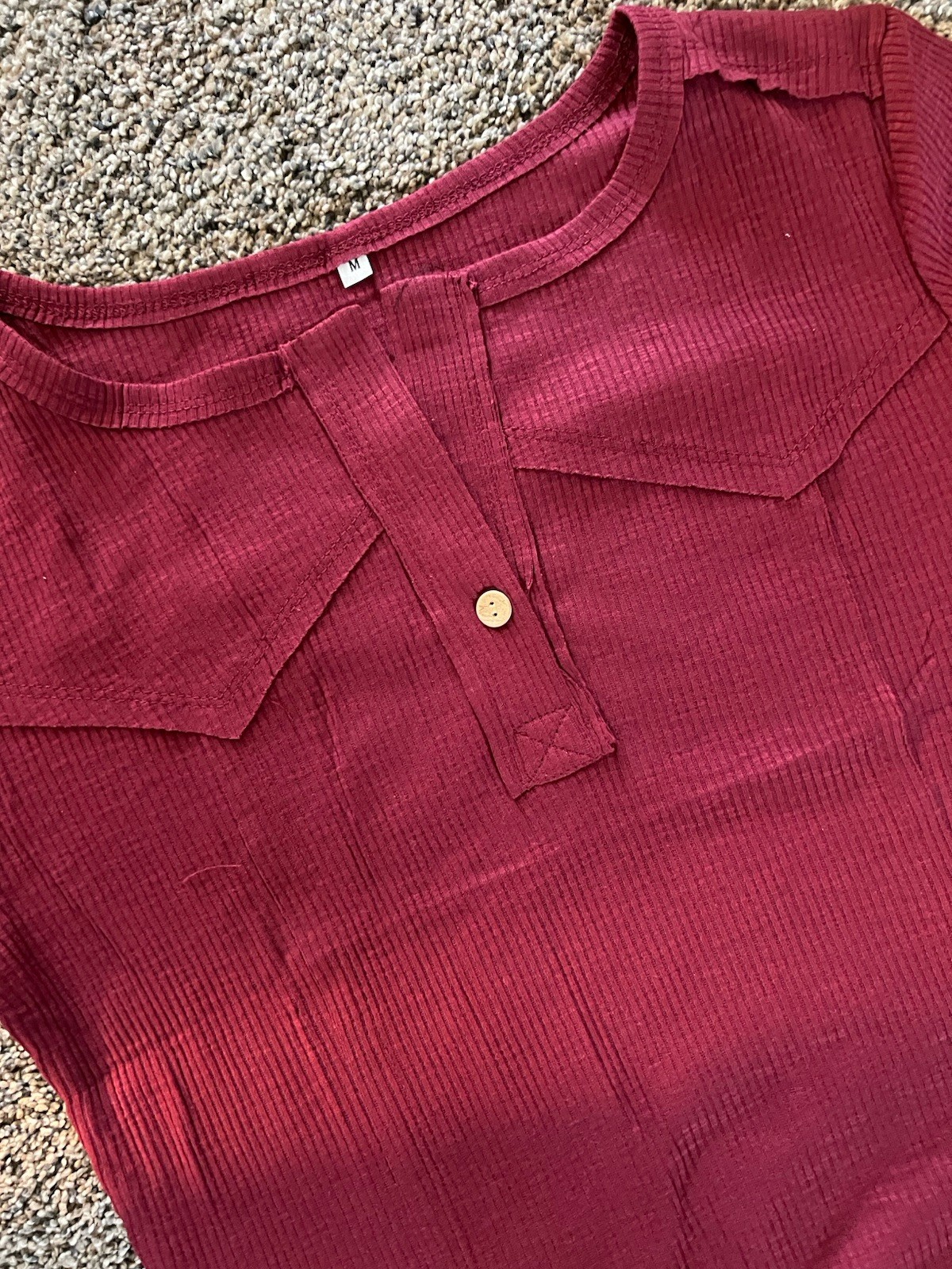 Womens Ribbed Knit Henley Top Medium Burgundy Long Sleeve Stretch Casual Shirt