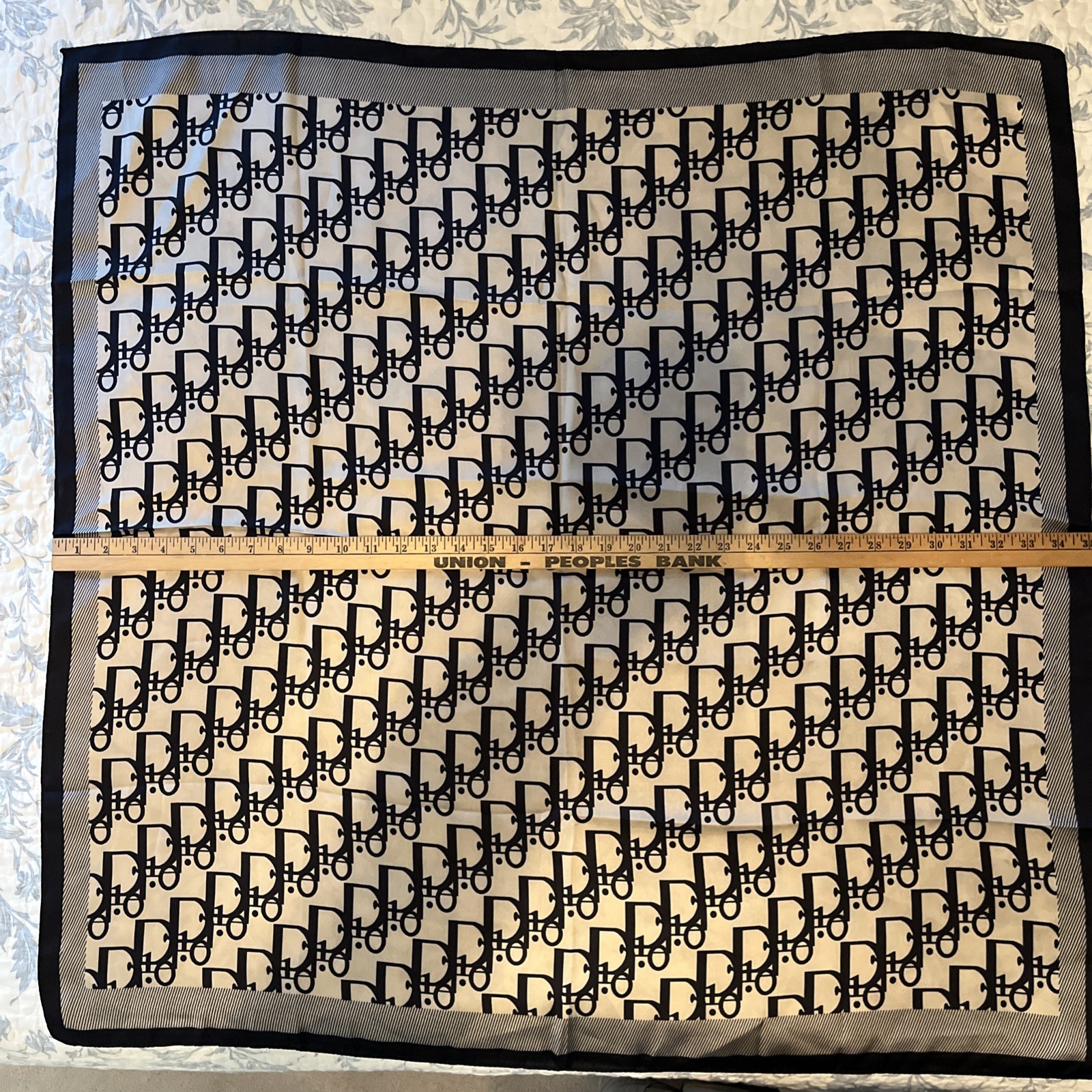 Beige Navy Square Women’s Scarf Geometric Pattern, Beige Navy Designer Inspired