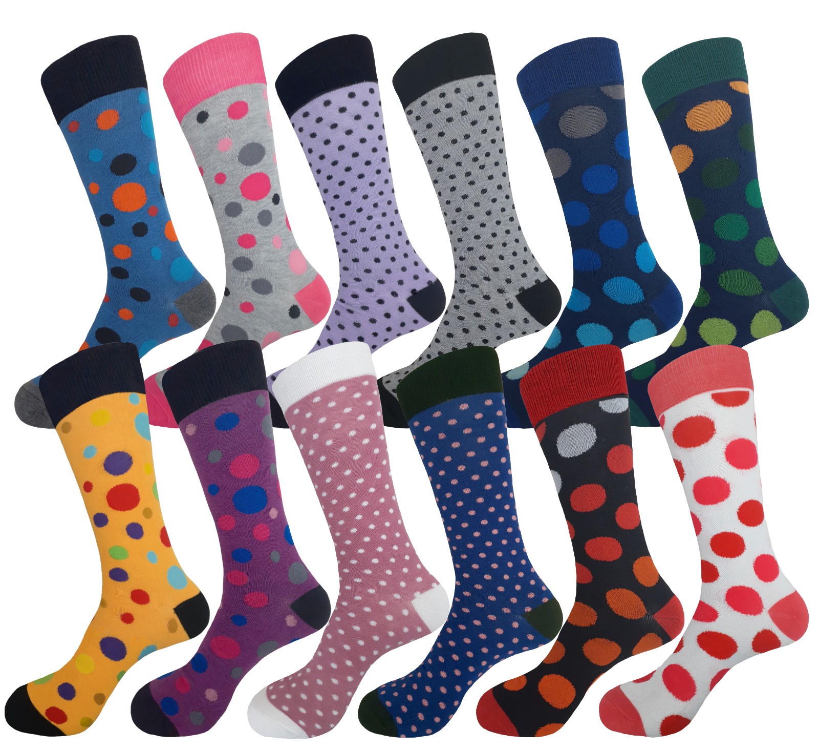 12-6 First quality Multicolor Polka Dots COTTON Dress Socks 10-13 TRUE TO SIZE
