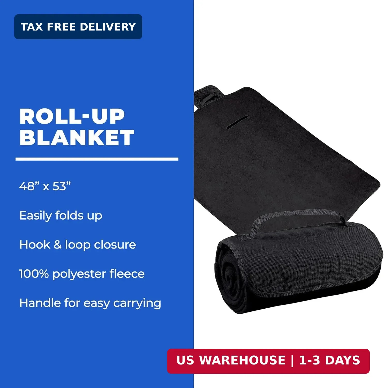 25 Ct of Roll-Up Blankets for Camping, Travel, Outdoors, Beach, Picnics – Black
