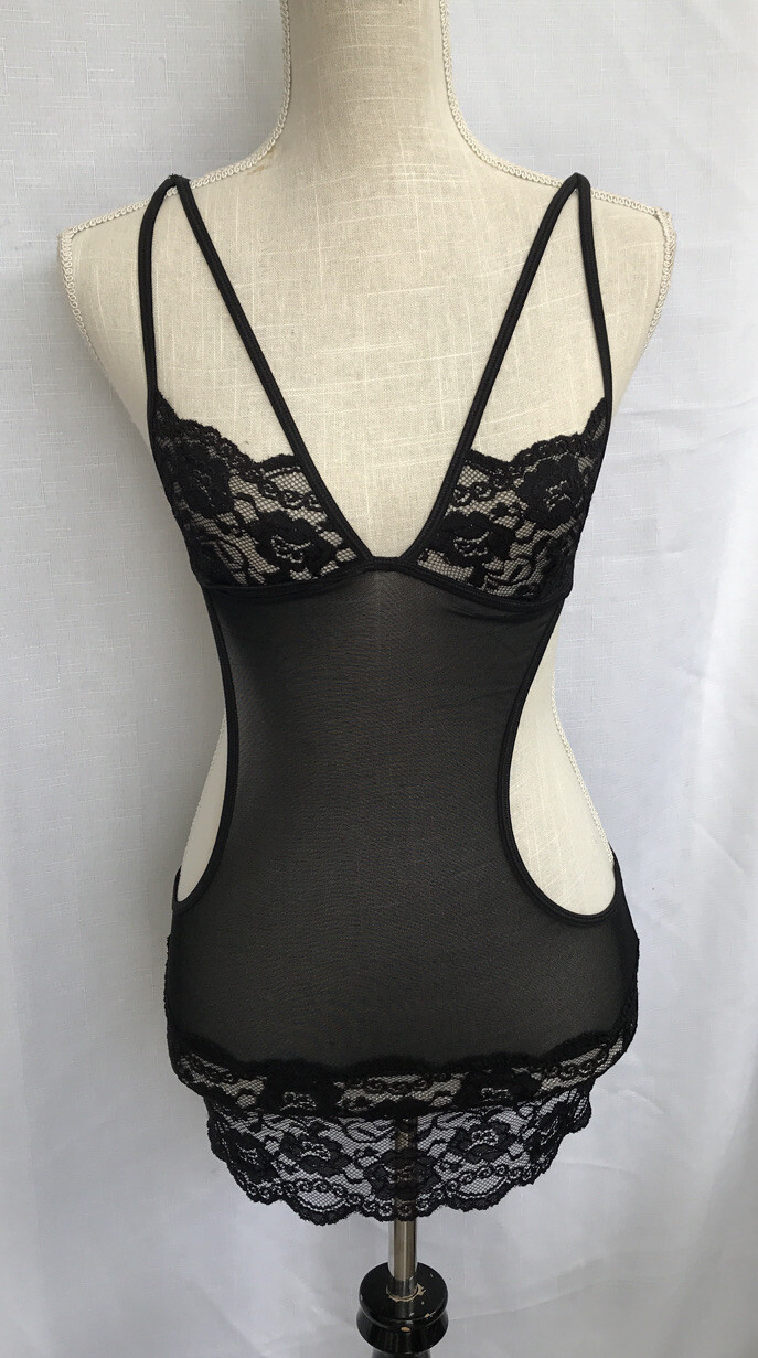 DREAMGIRL Black Sexy Lace Chemise Dress Cut out Sides Tie Back #9302 ONE SIZE