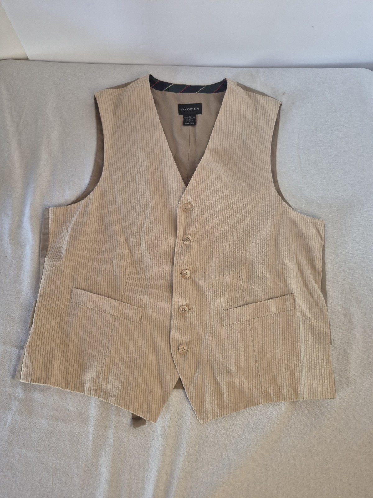 Mens Large Madison Brand Button Front Suit Vest Tan Brown Good 100% Cotton
