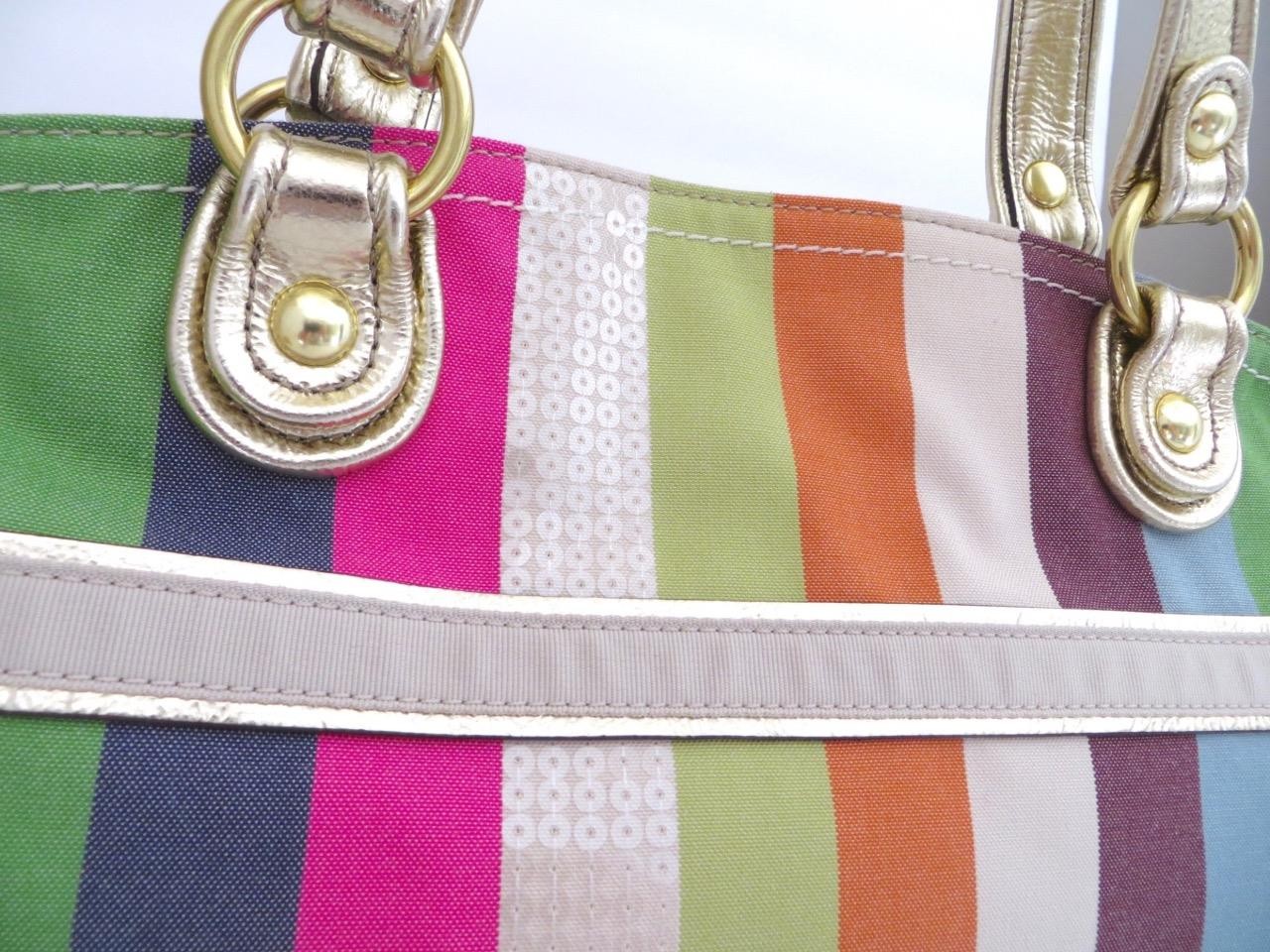 New Coach Legacy Striped Pink Green Blue Sequined Rocker Purse Crossbody RARE!