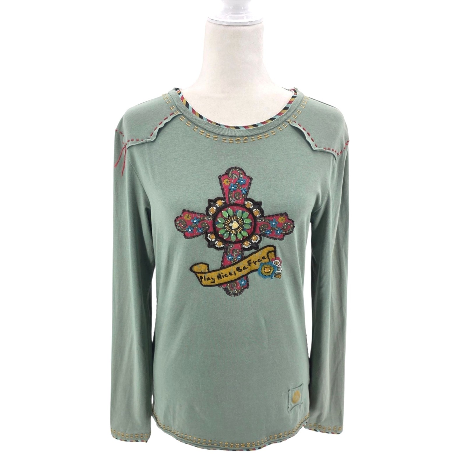 Double D Ranch Womens Small Top Play Nice Be Free Celtic Cross Beaded Stitched