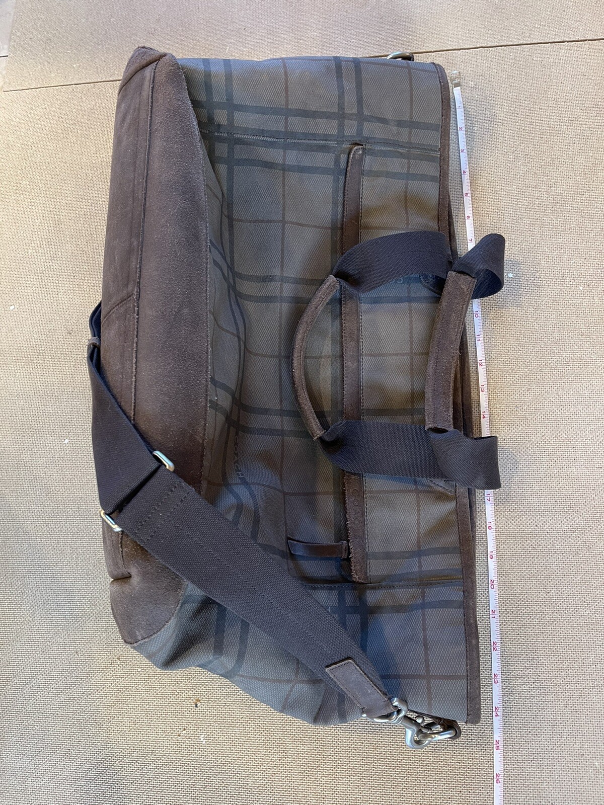 Coach Camden Plaid Fatigue Brown Canvas Tatersall Tote Weekend Travel Bag RARE