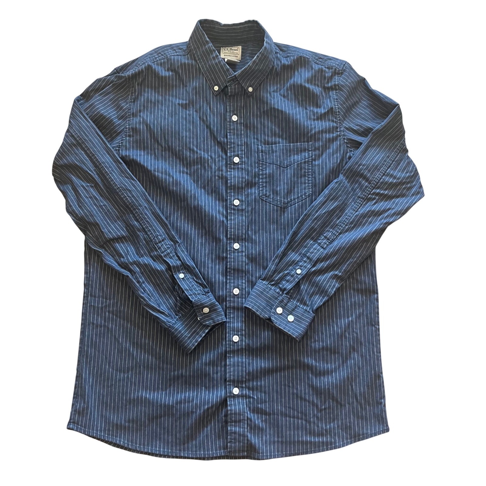 LL Bean Mens Large Tall Blue Striped Button Down Shirt Slightly Fitted 511662